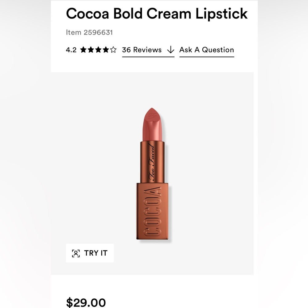 NIB Too Faced Cocoa Bold Cream Lipstick-Chocolate Chip